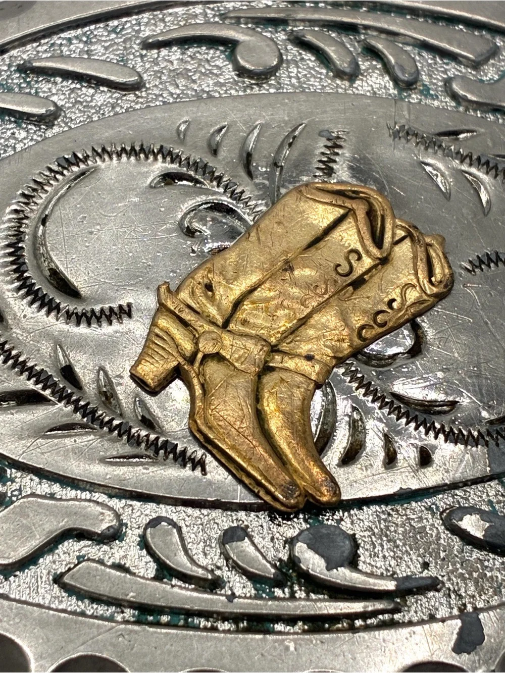 Vintage Western Cowboy Boots Belt Buckle Silver Tone Gold Accent